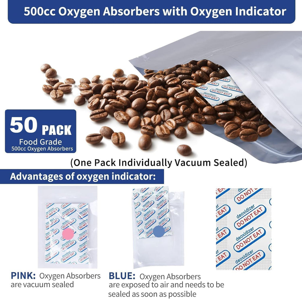 Mylar Bags with Oxygen Absorbers, 1 Gallon 50Pcs for Food Storage | 10"x14" 10.5-Mil Food-Grade Mylar Bags for Food