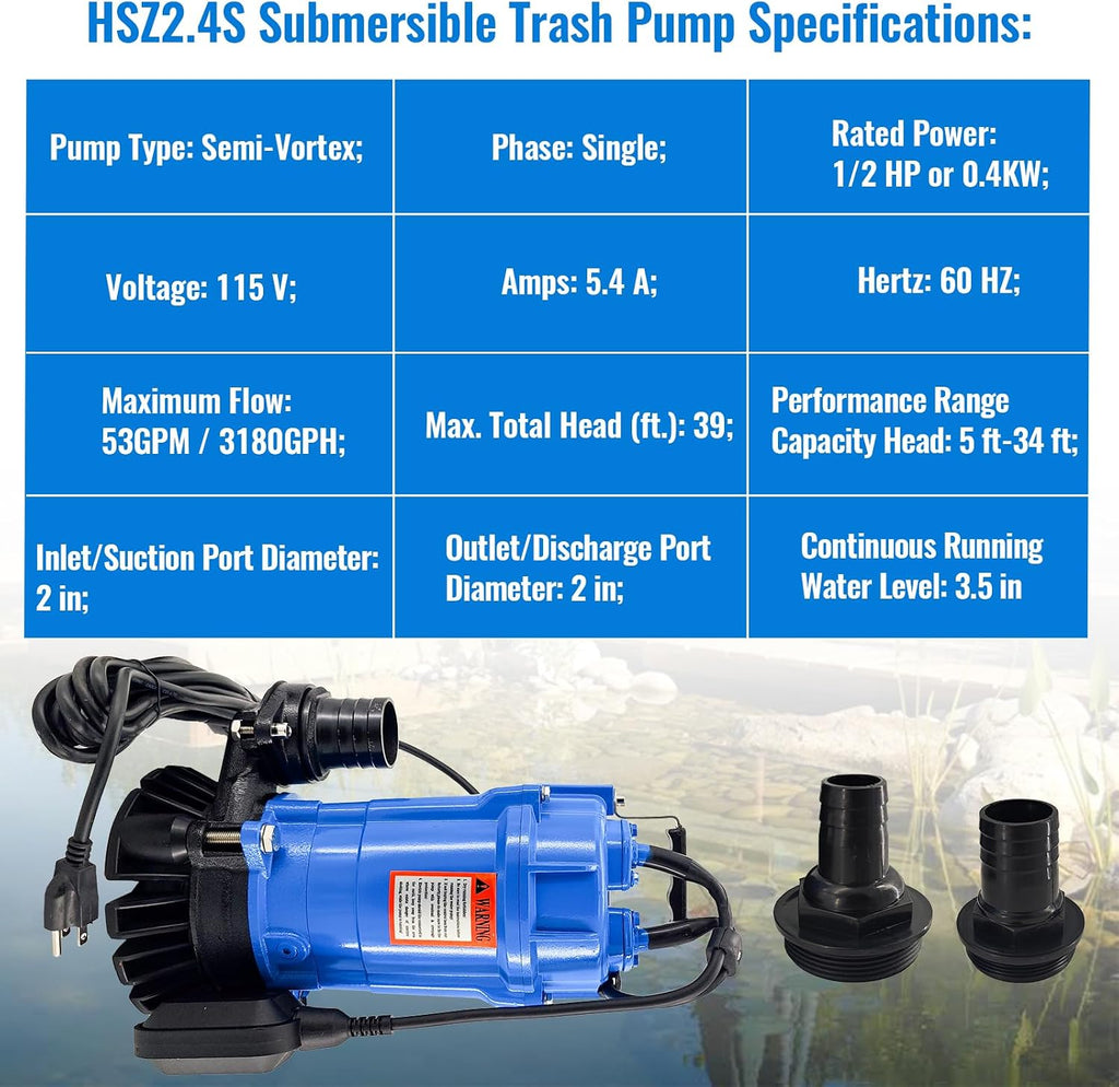 2" Electric Submersible Trash Pump for Tsurumi HS2.4S HSZ2.4S-62 | 1/2 HP 115V Automatic Submersible Wastewater Pump