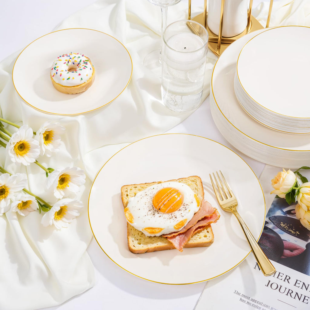100PCS Ivory and Gold Plastic Plates 10.25″ Disposable Dinner Plate