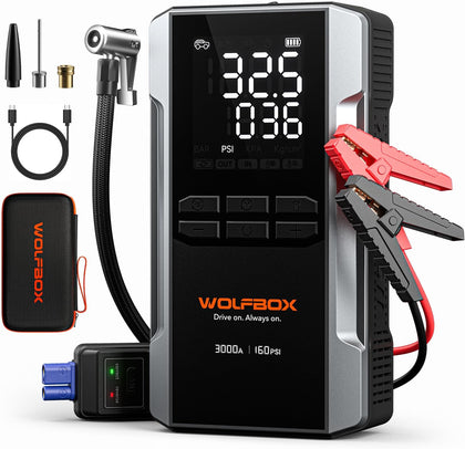 3000A Jump Starter with Air Compressor, 59.2Wh&160PSI Portable Car Battery Jump Starter with 65W Fast Charging, 12V
