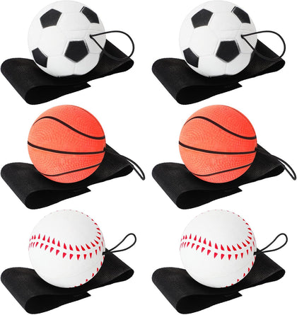 6 Pcs Wrist Return Ball on a String 2.48 Inch Rebound Sport Balls with Elastic Strap Soccer Basketball Baseball