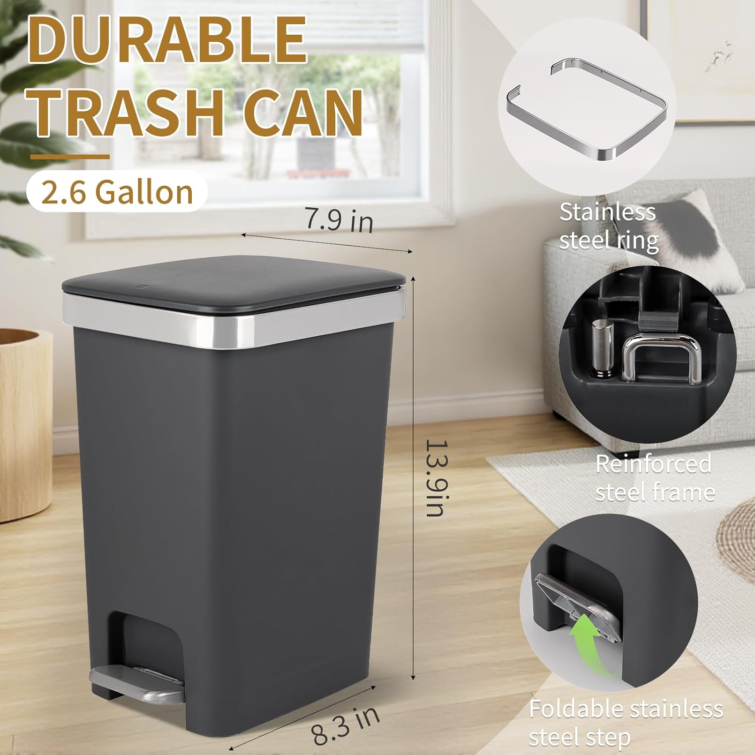 Small Bathroom Trash Can with Lid and 3 Rolls Trash Bags, Step Pedal Wastebasket Plastic Garbage Can with Pop-Up Lid