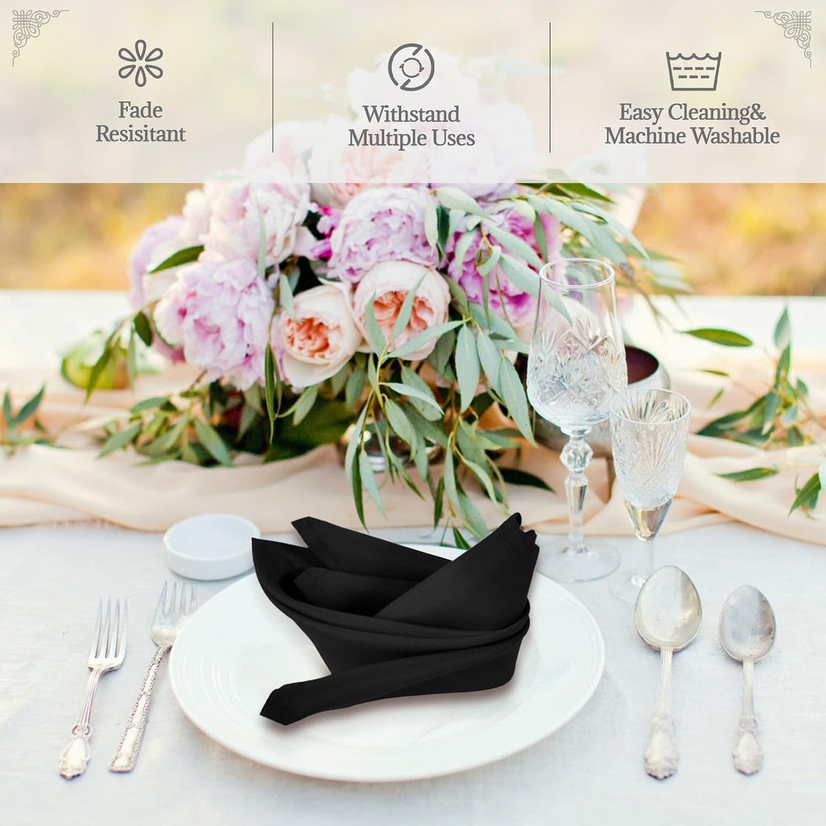 Black Cloth Napkins - 8 Pack 17" x 17" Washable Polyester Napkins