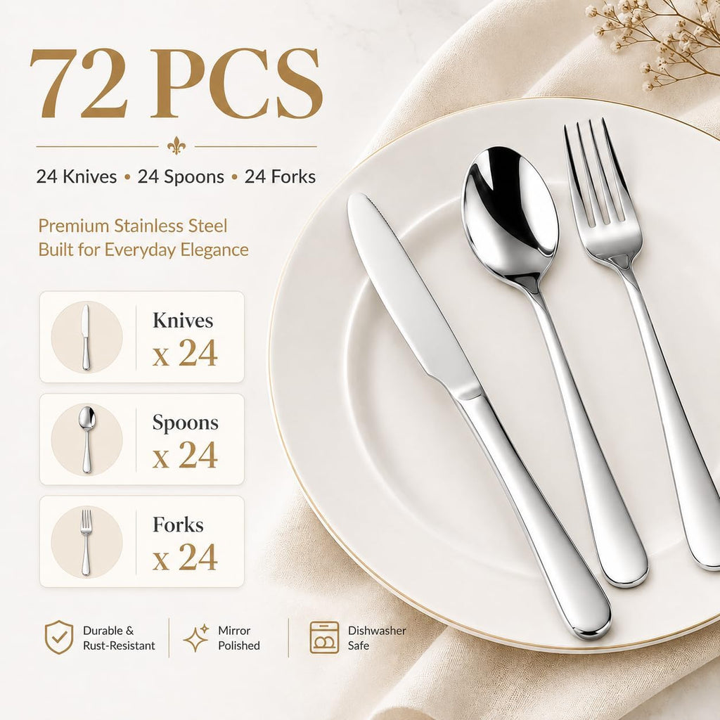 72-Piece Silverware Set for 24, Stainless Steel Flatware, Dishwasher Safe