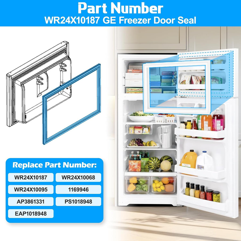 Upgraded WR24X10187 Freezer Door Gasket Compatible with GE Freezer Door Seal Replacement Parts WR24X10068 WR24X10095 Refrigerator Door Gasket AP3861331 PS1018948 Hotpoint Freezer Seal Replacement