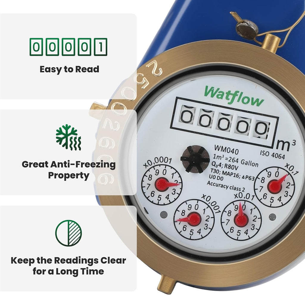 DN20 Vertical Water Meter with 3/4" NPT Couplings, Heavy Brass Cold Water Meter Measuring in Cubic,Water Meter with Pulse Output, ISO4064 Certification for Garden/Home/Apartment.