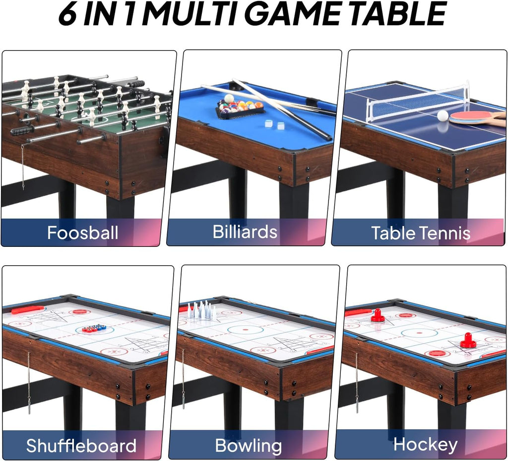 6-in-1 Multi Game Table for Adults, Combo Table for Game Room, 48" Game Table Set for Family w/Hockey, Foosball