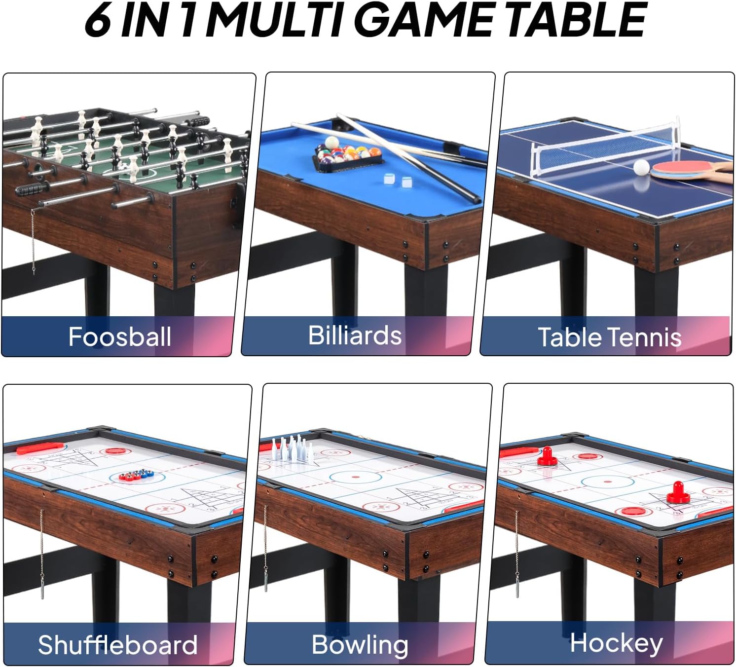 6-in-1 Multi Game Table for Adults, Combo Table for Game Room, 48" Game Table Set for Family w/Hockey, Foosball