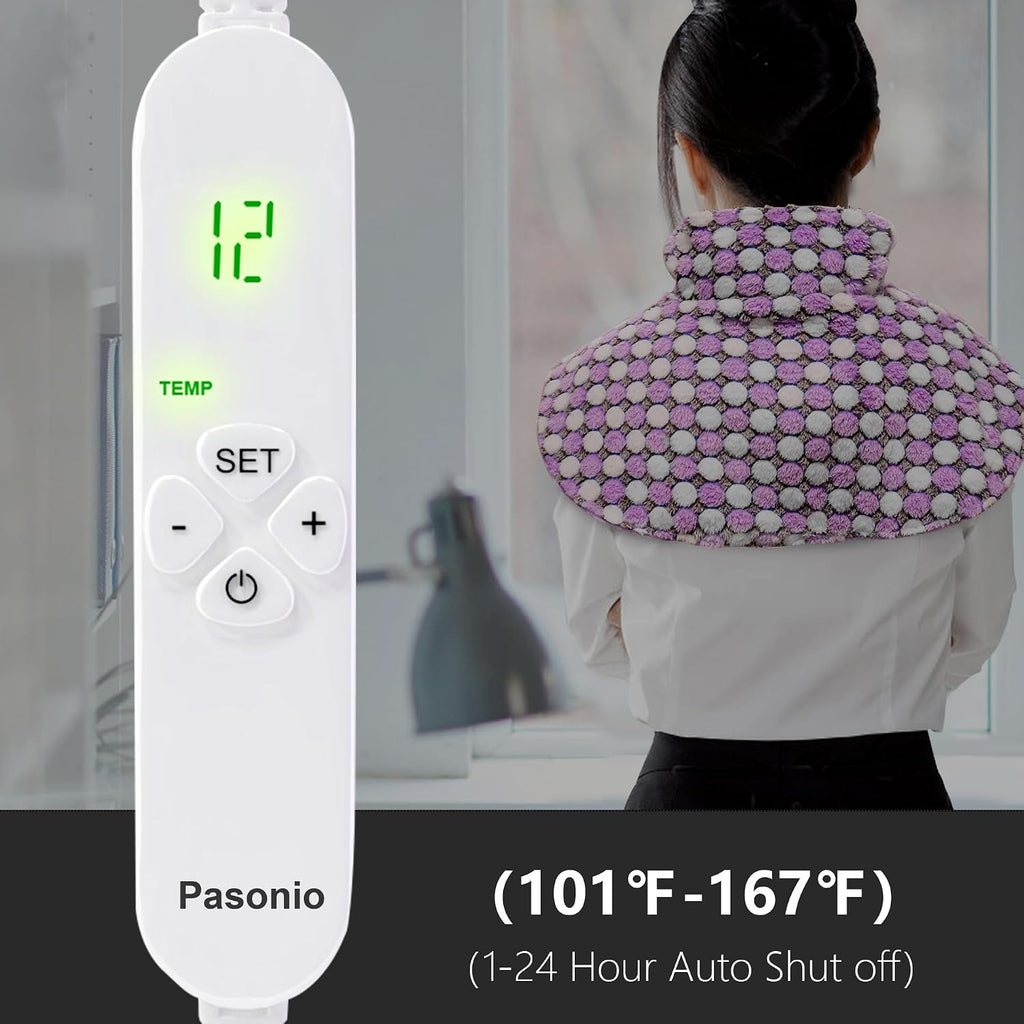Full Weighted Heating Pad for Neck and Shoulders, Pasonio Large Electric Heated Wrap for Cramps and Pain Relief