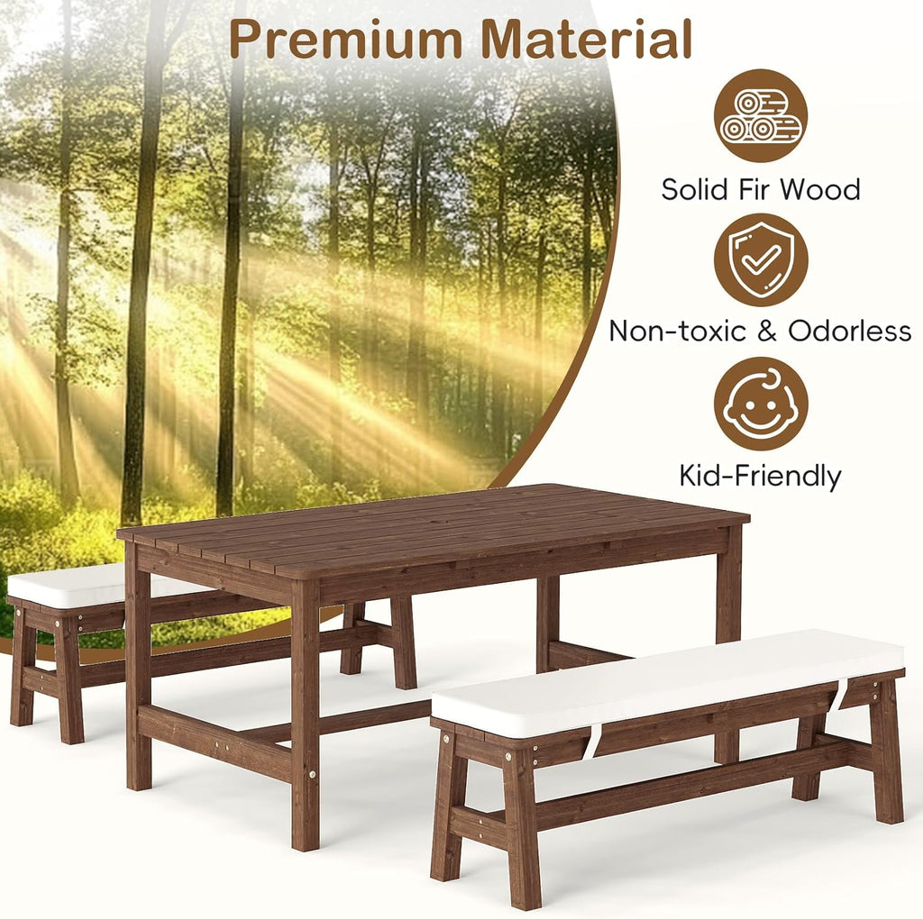 Kids Picnic Table, Outdoor Wooden Bench Set with Removable Cushions Adjustable Foldable Umbrella, Toddler Backyard