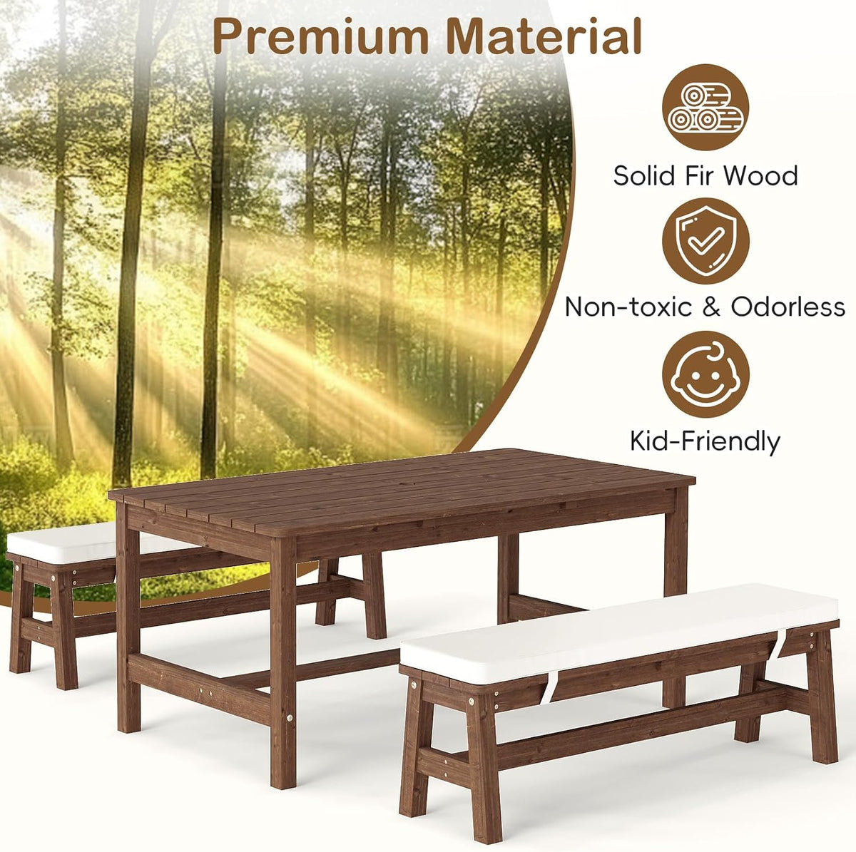 Kids Picnic Table, Outdoor Wooden Bench Set with Removable Cushions Adjustable Foldable Umbrella, Toddler Backyard