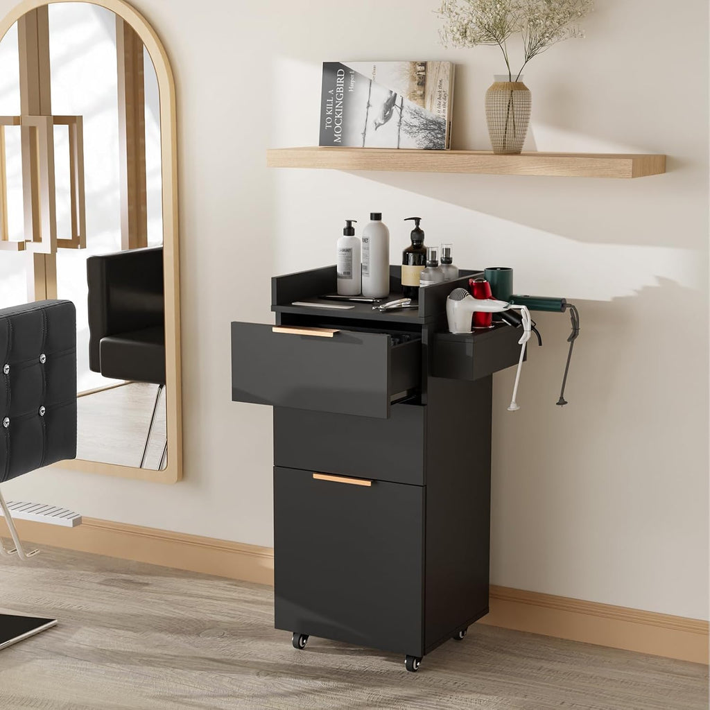 Salon Trolley with Wheels, 2 Drawers & 1 Storage Cabinet, Salon Cart for Hair Stylist, Portable Styling Station for