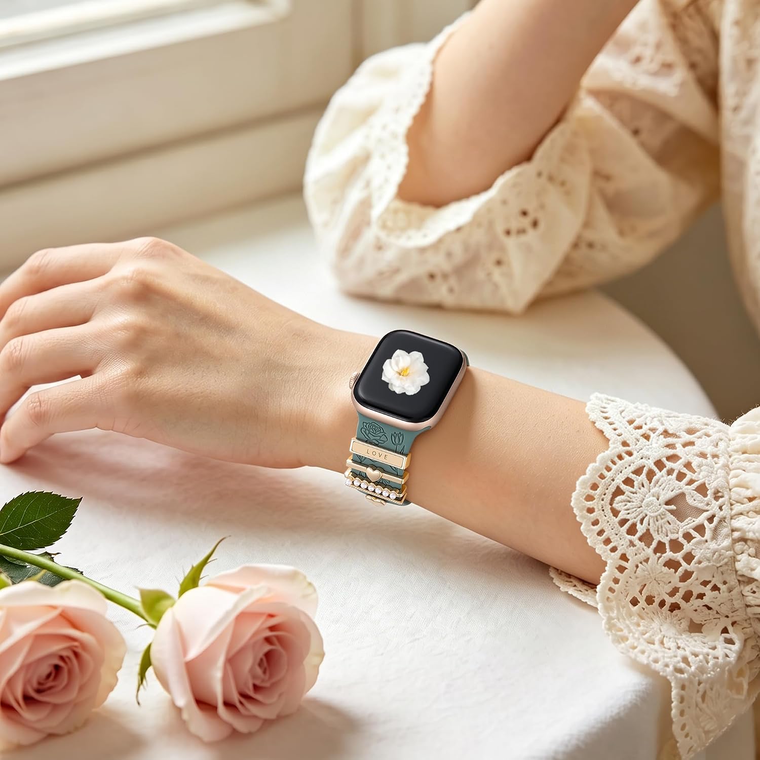 Flower Engraved Band Compatible with Apple Watch Bands for Women 40mm 38mm 41mm 42mm, Soft Silicone Strap With Dressy
