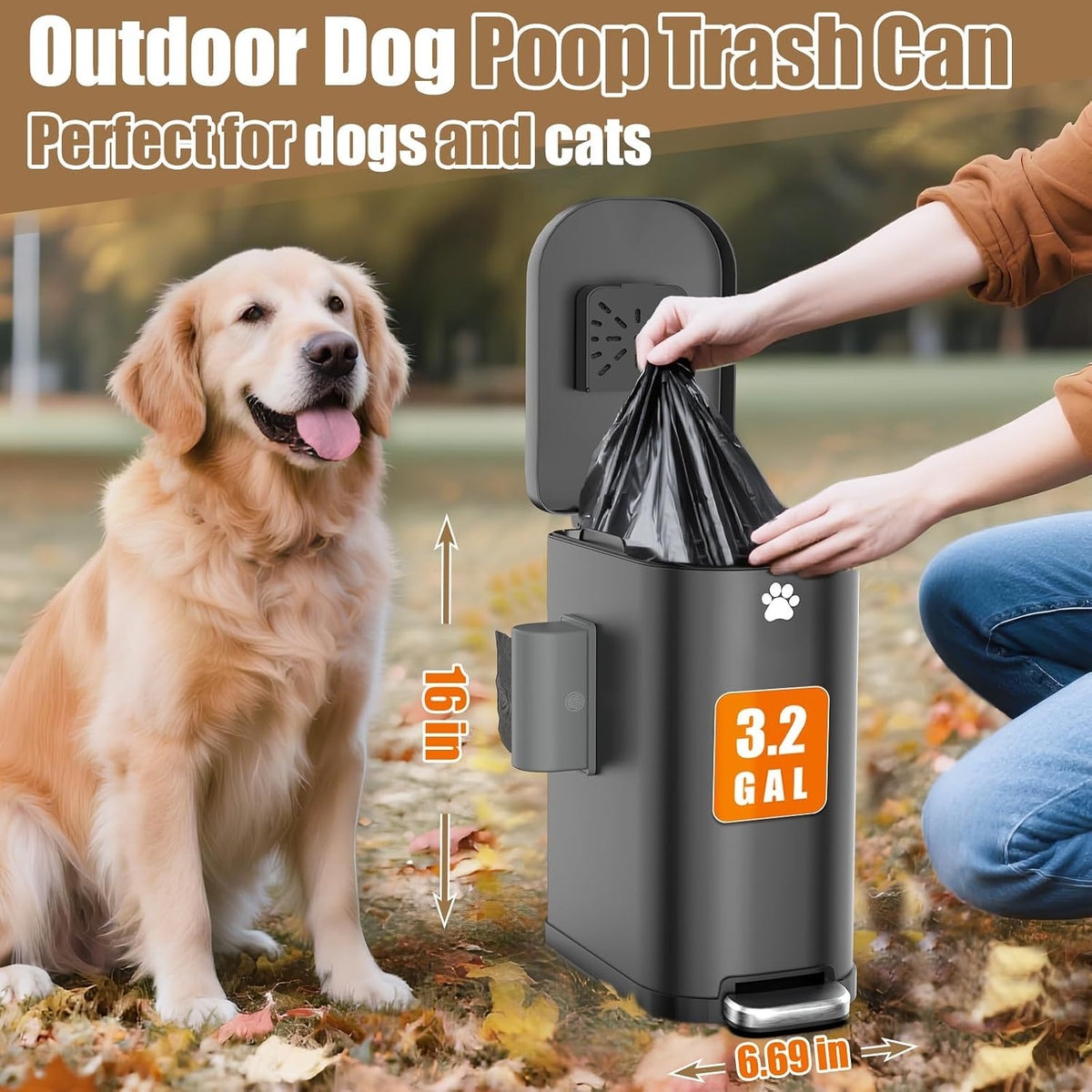Dog Poop Trash Can Outside with Odor Control Lid & Step Pedal, 3.2Gal Stainless Steel Outdoor Trash Can, Waterproof