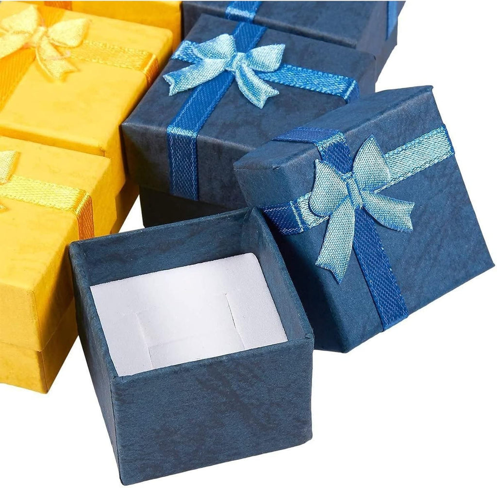 Ring Boxes Bulk Set - 24-Pack Multi-Color Square Cardboard, 1.6 x 1.2 x 1.6 In - Mini Gift Box with Lid & Bow for