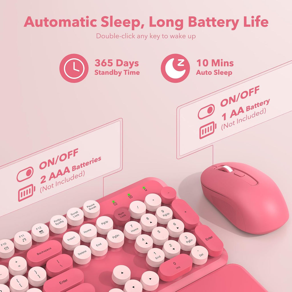 Wireless Keyboard and Mouse Combo, Round Keycaps, Magnetic Wrist Rest, Pink | Full-Size Retro Typewriter-Style