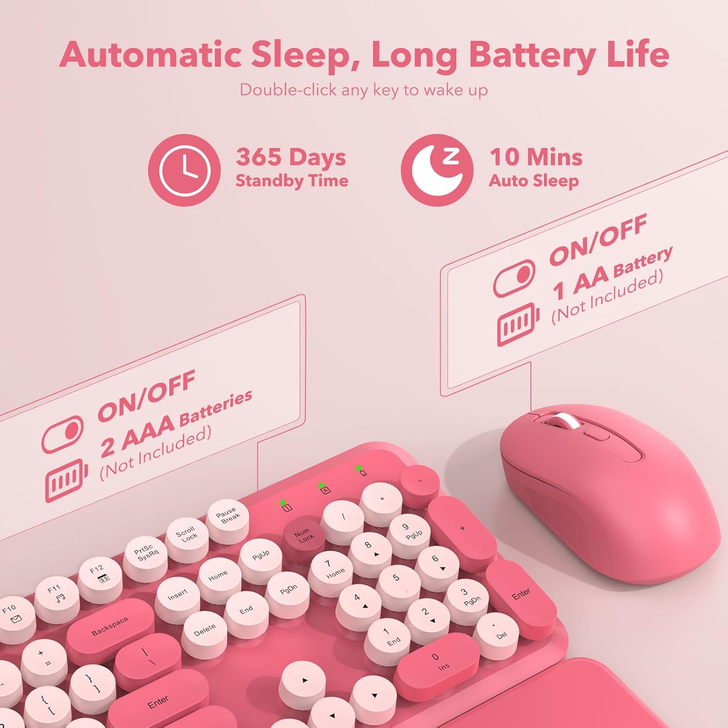 Wireless Keyboard and Mouse Combo, Round Keycaps, Magnetic Wrist Rest, Pink | Full-Size Retro Typewriter-Style