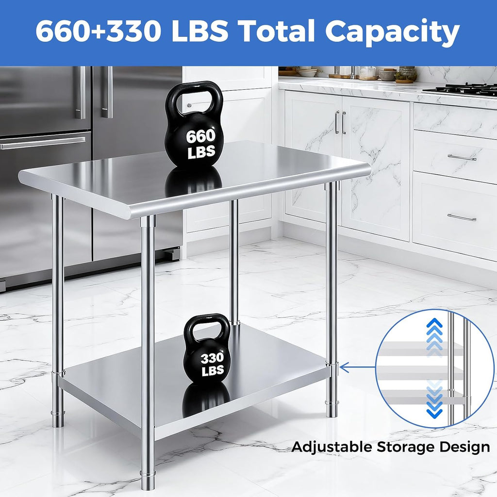 Stainless Steel Prep Table 30 x 48 Inches | NSF certified work table with adjustable undershelf for kitchen, garage