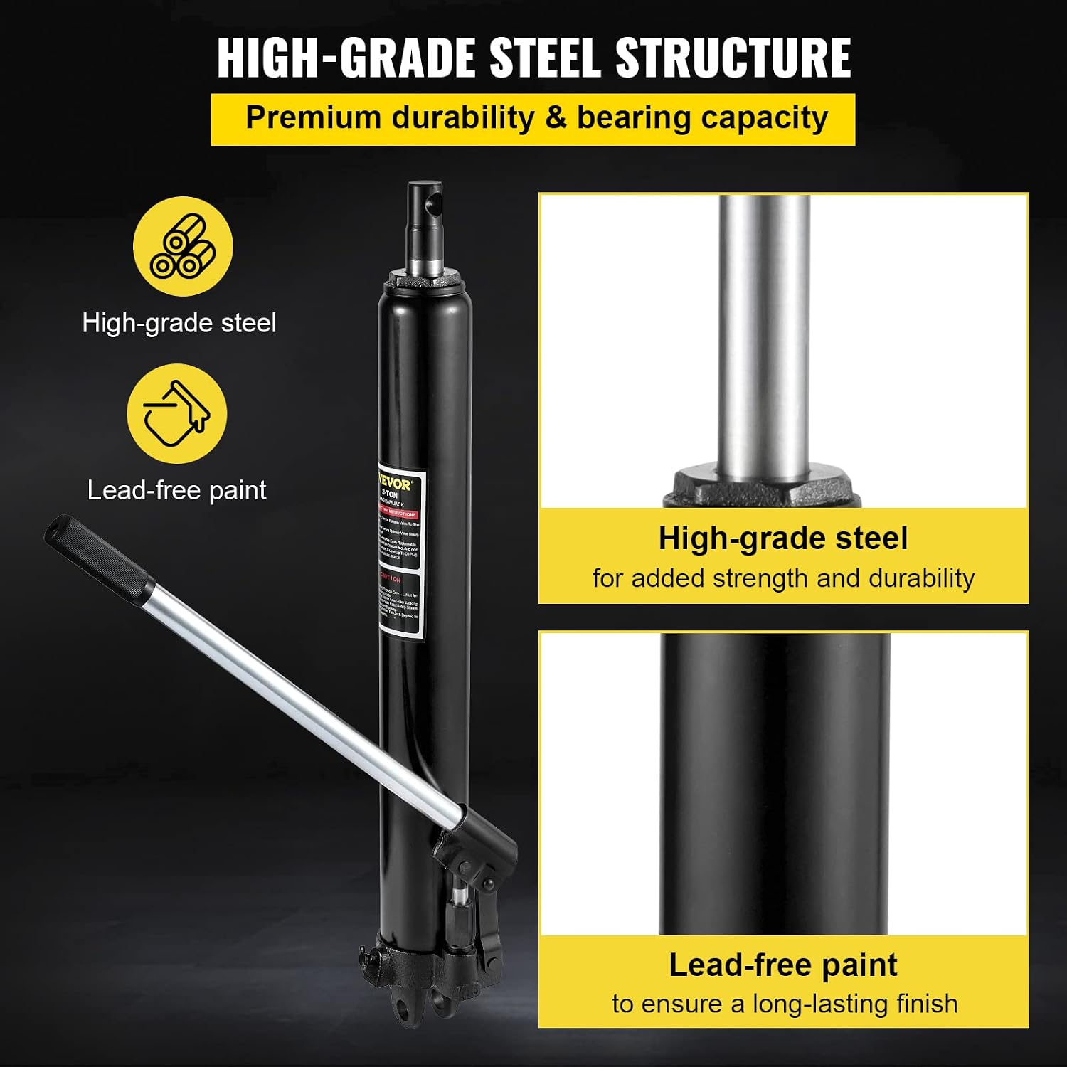 Hydraulic Long Ram Jack, 3 Tons/6600 lbs Capacity, with Single Piston Pump and Clevis Base, Manual Cherry Picker