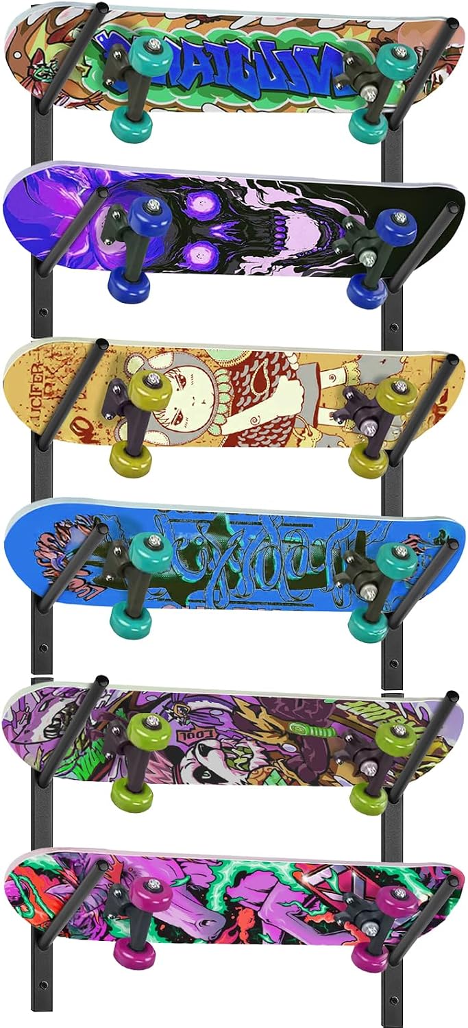 Skateboard Rack-6-Tier Skateboard Wall Mount & Snowboard Rack –Snowboard Wall Mount – Space-Saving Multi-Functional