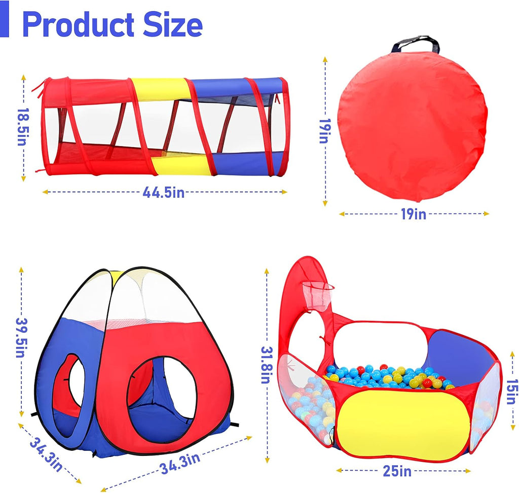 3 in 1 Kids Play Tent with Play Tunnel, Ball Pit, Basketball Hoop for Boys & Girls, Toddler Pop Up Playhouse Toy for