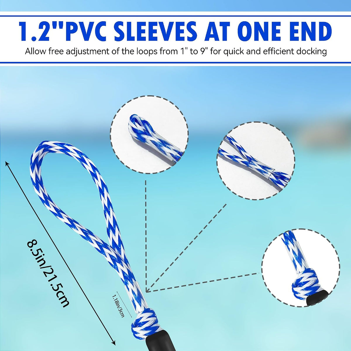 Bungee Dock Line with Loops – Lightweight Elastic Mooring Rope for Quick Docking (2, Blue & White, 4 FEET)