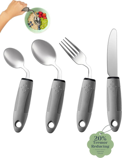 Adaptive Utensils Set (4-Piece) – 42° Angled, 3 oz Weighted Silverware for Parkinson's, Hand Tremors and Arthritis –