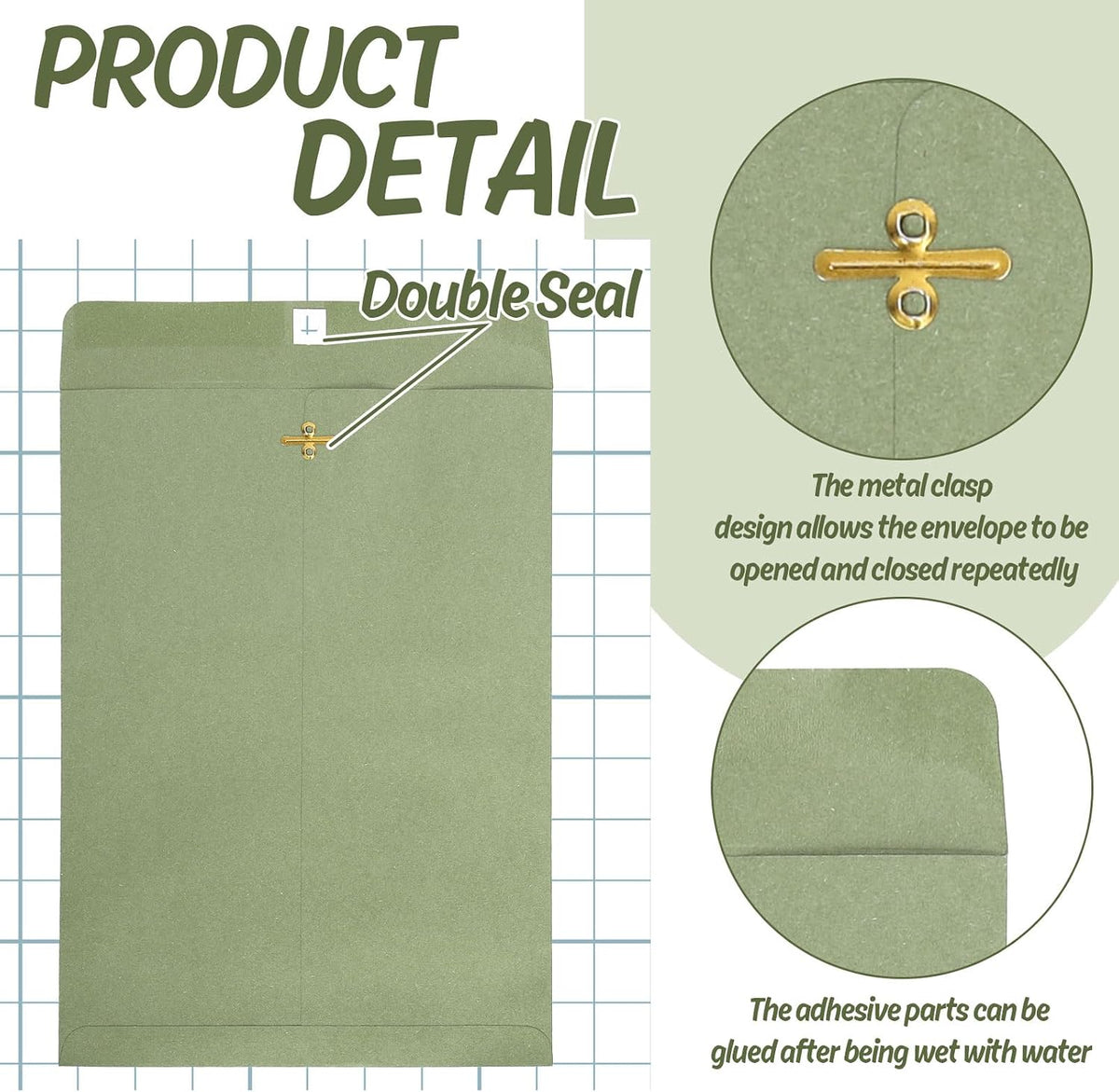 9 x 12 Inch Clasp Envelopes Manilla Envelopes Saga Green Gummed Mailing Envelopes with Clasp Closure & Gummed Seal