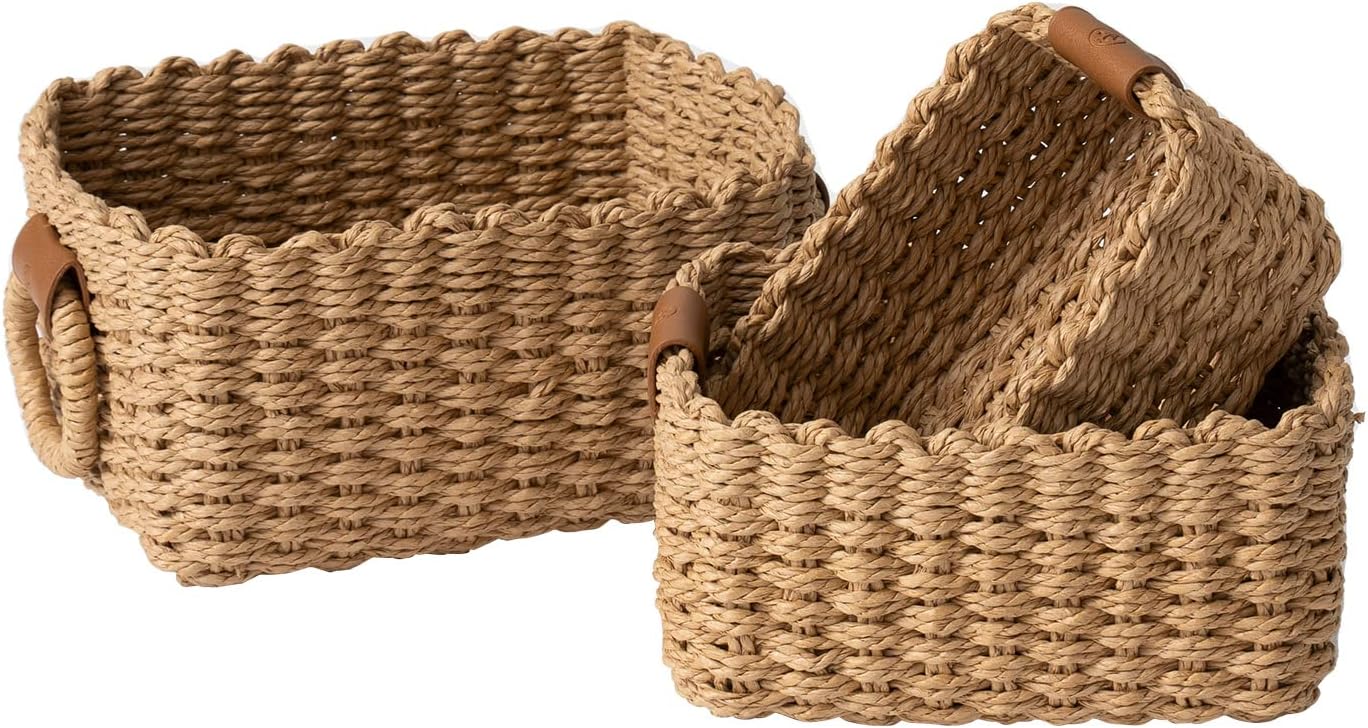 Small Wicker Baskets for Organizing, Recycled Paper Rope Storage Basket Container Bins for Shelves Bathroom Cupboards