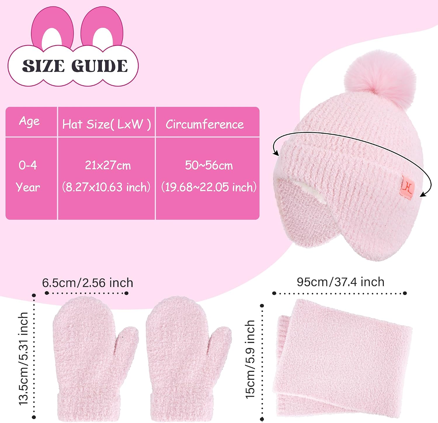Toddler Kids Winter Hats Mittens Gloves Scarf Set Age 0-4 | Warm Knit Baby Beanies Hats with Ear Flaps, Fleece Neck