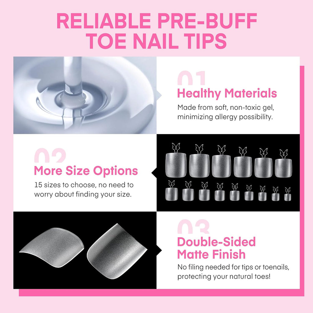 Toe Nail Tips 15 Sizes 216Pcs, Square Toe Nails fit Big Wide Toe