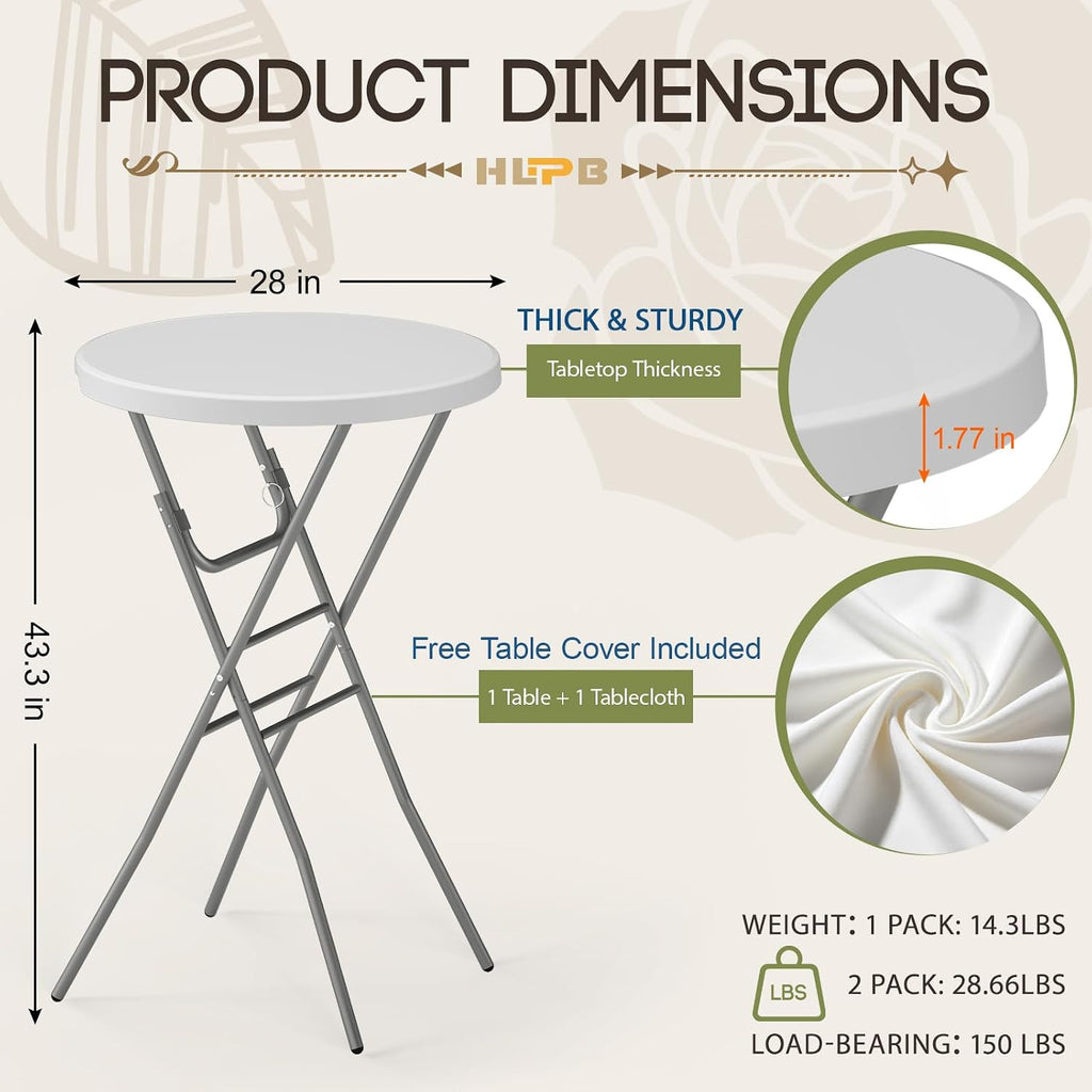 28" Round Folding Table with Cover,2Pcs Foldable Cocktail Table with Handle