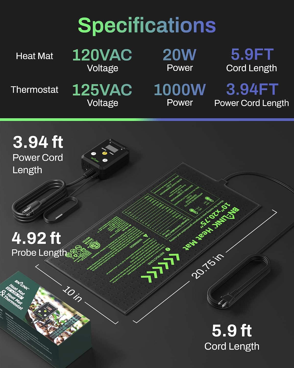 10" x 20.75" Seedling Heat Mat with Thermostat Controller Combo Set | Plant Heating Pad for Seed Starting with