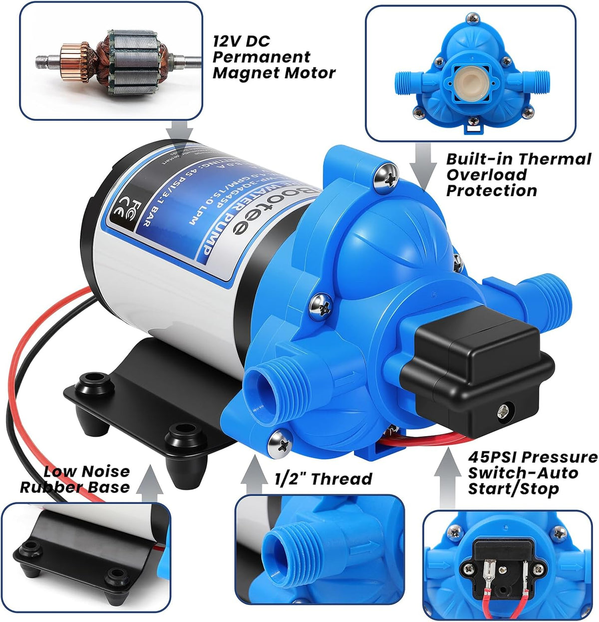Bootee 12V RV Water Pump, 4.0 GPM 45PSI Automatic Pressure Switch, Self-Priming Fresh Water Pump for RV Marine Camping, 12 Volt DC Water Transfer Pump with Thermal Protection