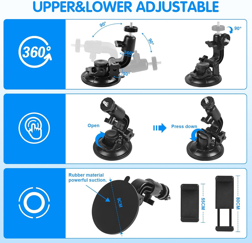 Dash Cam Suction Cup Mount Windshield Camera Holder Stand 9CM with Phone Bracket for GPS Driving DVR Action Camcorder