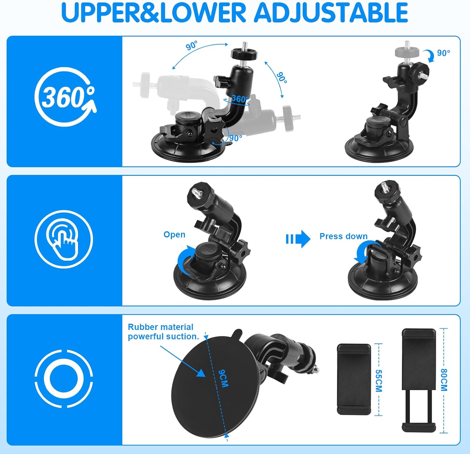 Dash Cam Suction Cup Mount Windshield Camera Holder Stand 9CM with Phone Bracket for GPS Driving DVR Action Camcorder