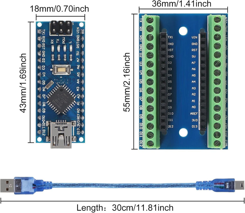 1 Set Mini for Nano V3.0 ATmega328P Micro Controller Board Module with USB Cable and for Nano V3.0 Expansion IO Shield Board Expansion Board for Arduino