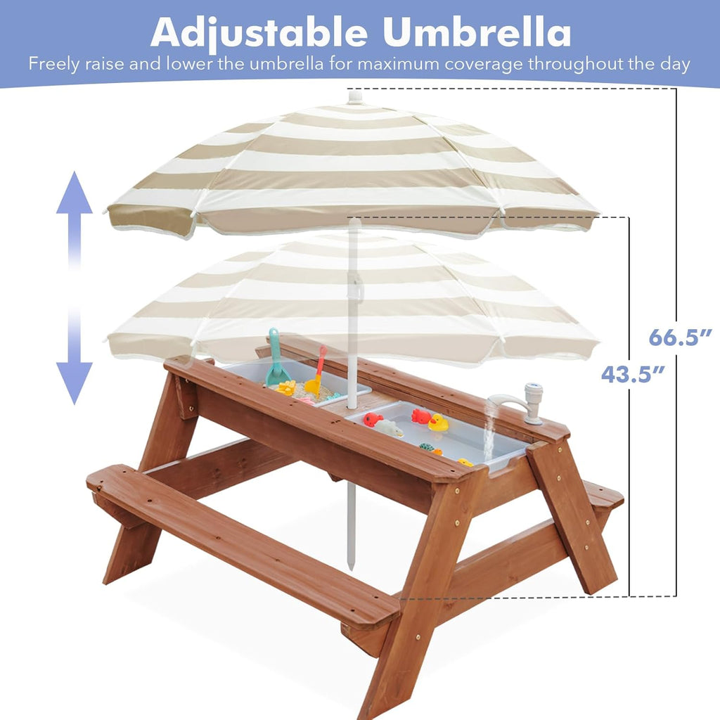 Kids 3-in-1 Sand & Water Table, Wood Outdoor Convertible Picnic Table w/Umbrella, 2 Trays, Removable Top with Faucet