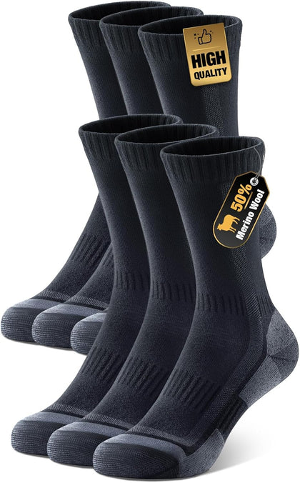 Merino Wool Hiking Socks for Men Women, 3 Pairs Lightweight Breathable Hiking Socks with Seamless Toe and Arch Support