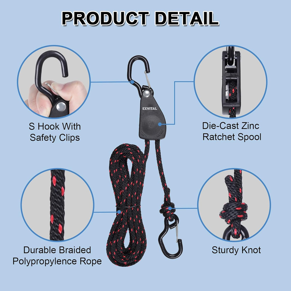 4PCS Kayak Rope Tie Down Ratchet Straps 1/4" ×12' Bow and Stern Tie Down