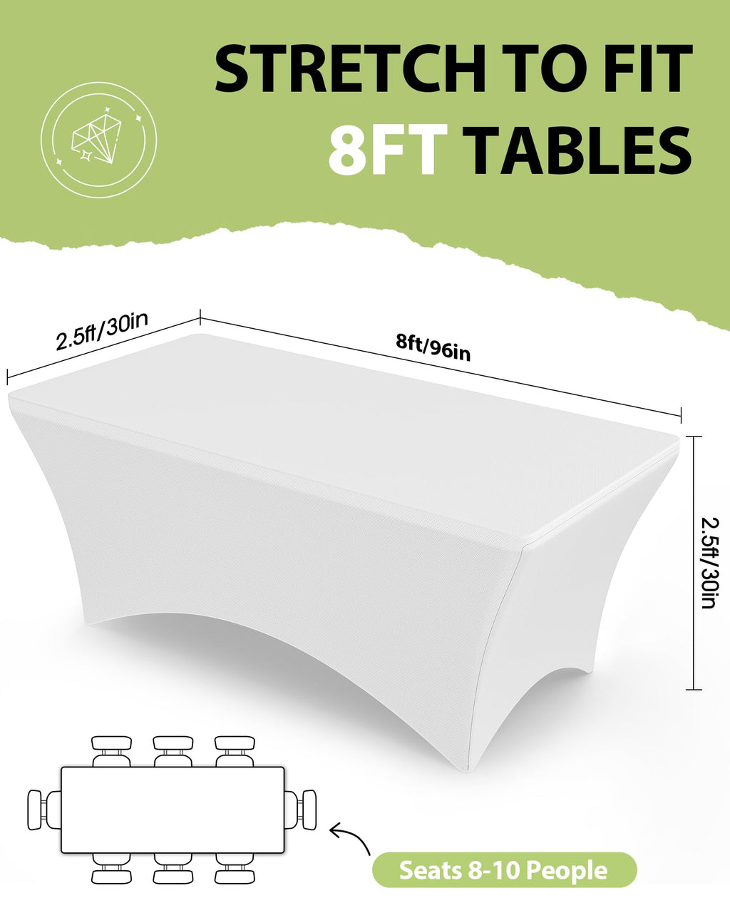 Spandex Tablecloth 8ft - 6 Pack, Fitted and Stretch Table Cover for Rectangle Tables, Wrinkle-Resistant and Secure