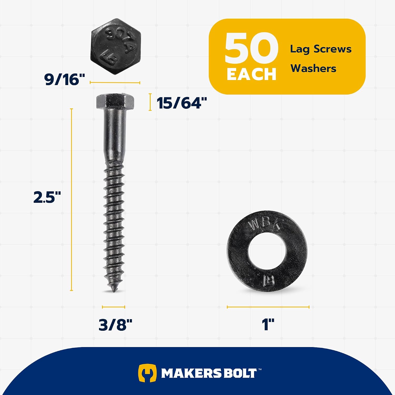 3/8 x 2-1/2 (50 Pack) Lag Screw Kit, 50 Screws and 50 Washers, Ceramic Black Ruspert Coating for Exterior Use, Meets