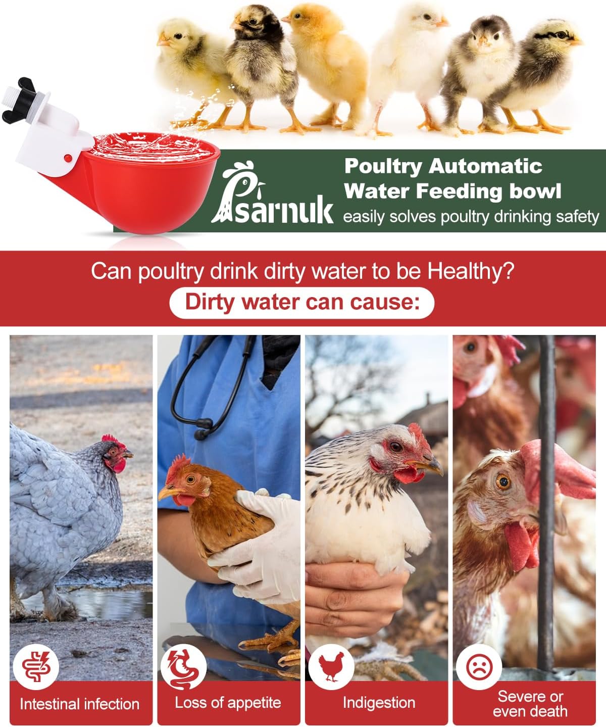 Chicken Waterer Cups (8 Pack) with 3/8" Drill Bit - Red | Automatic Poultry Drinker Feeder Kit for Chickens, Ducks