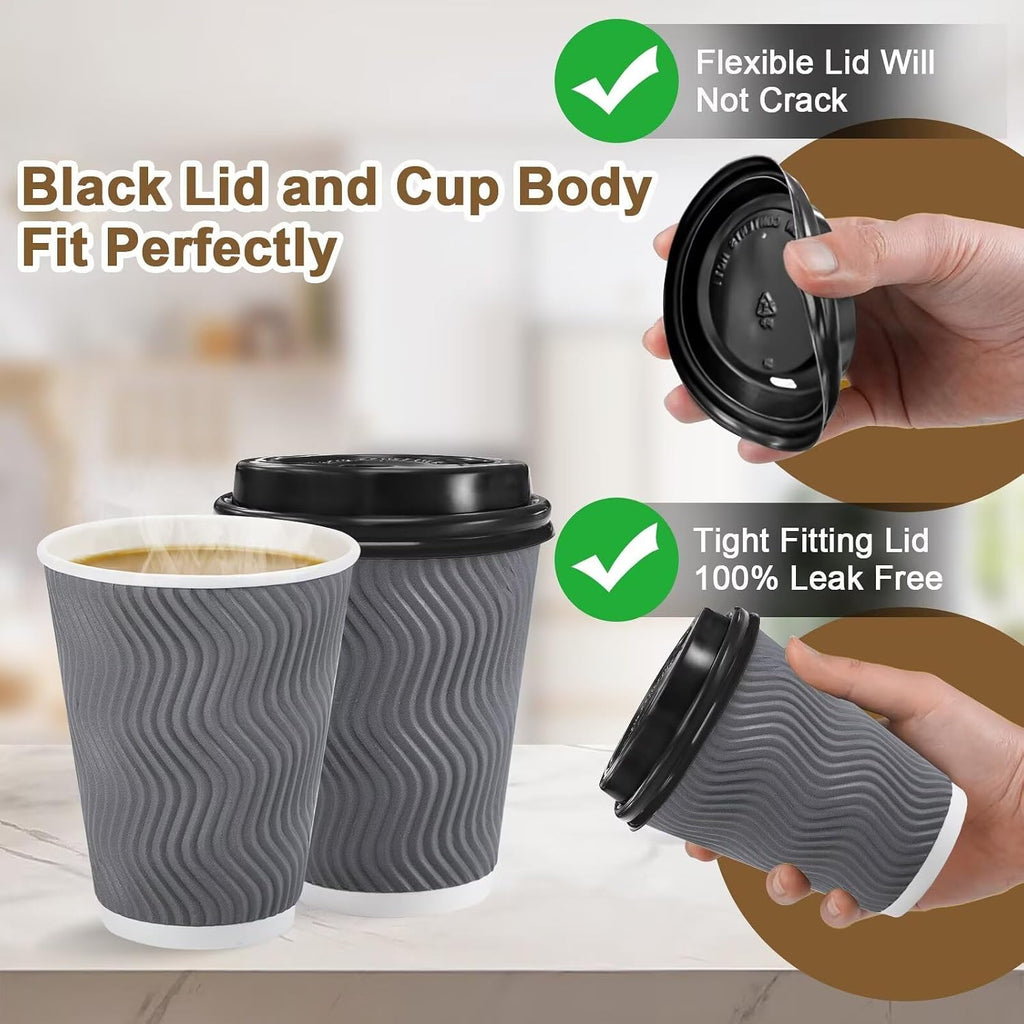 100 Pack 12 oz Coffee Cups with Lids Disposable Paper Cups Gray