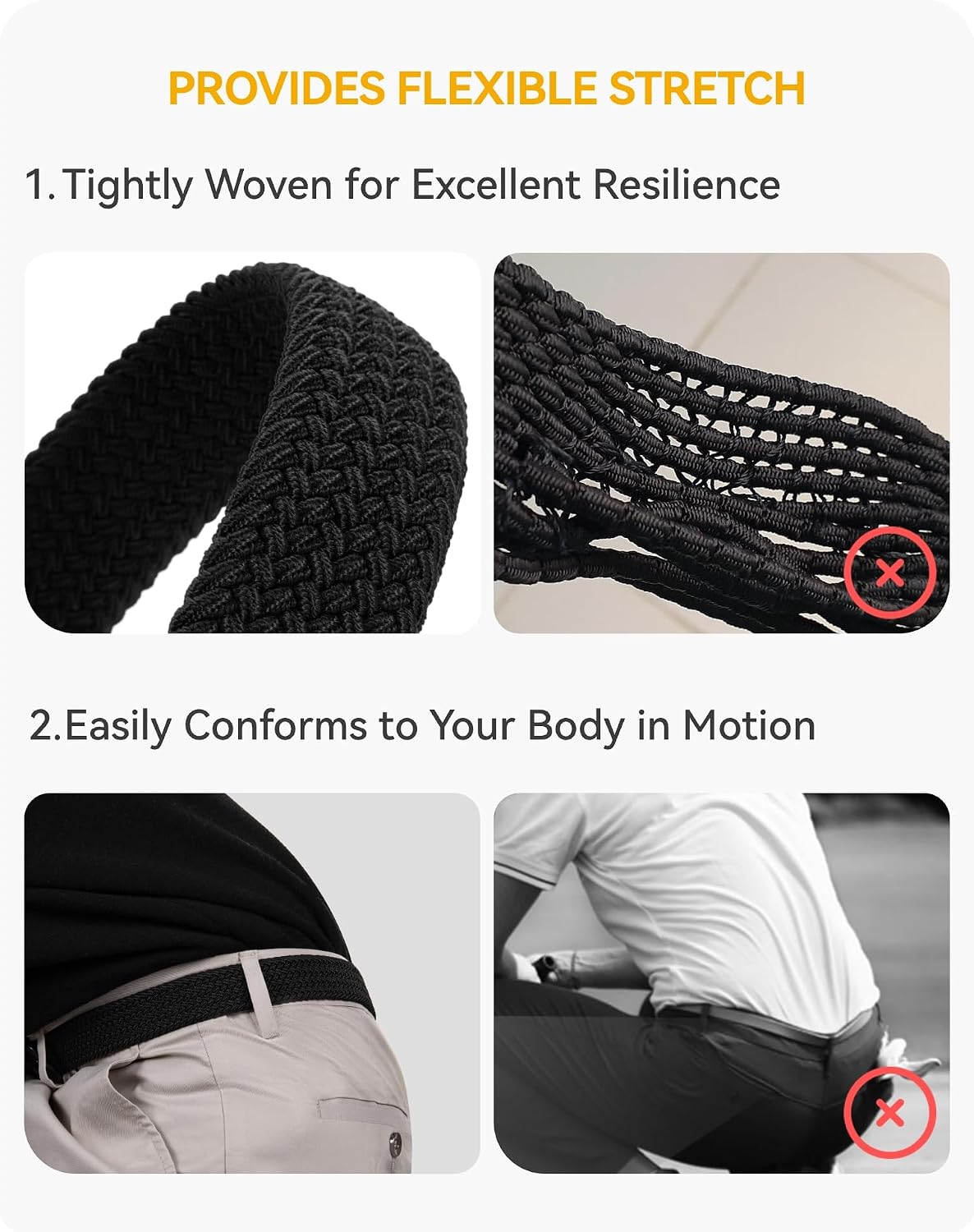 CHAOREN Stretch Belts for Men 2 Pack - Elastic Belt for Golf & Casual Wear