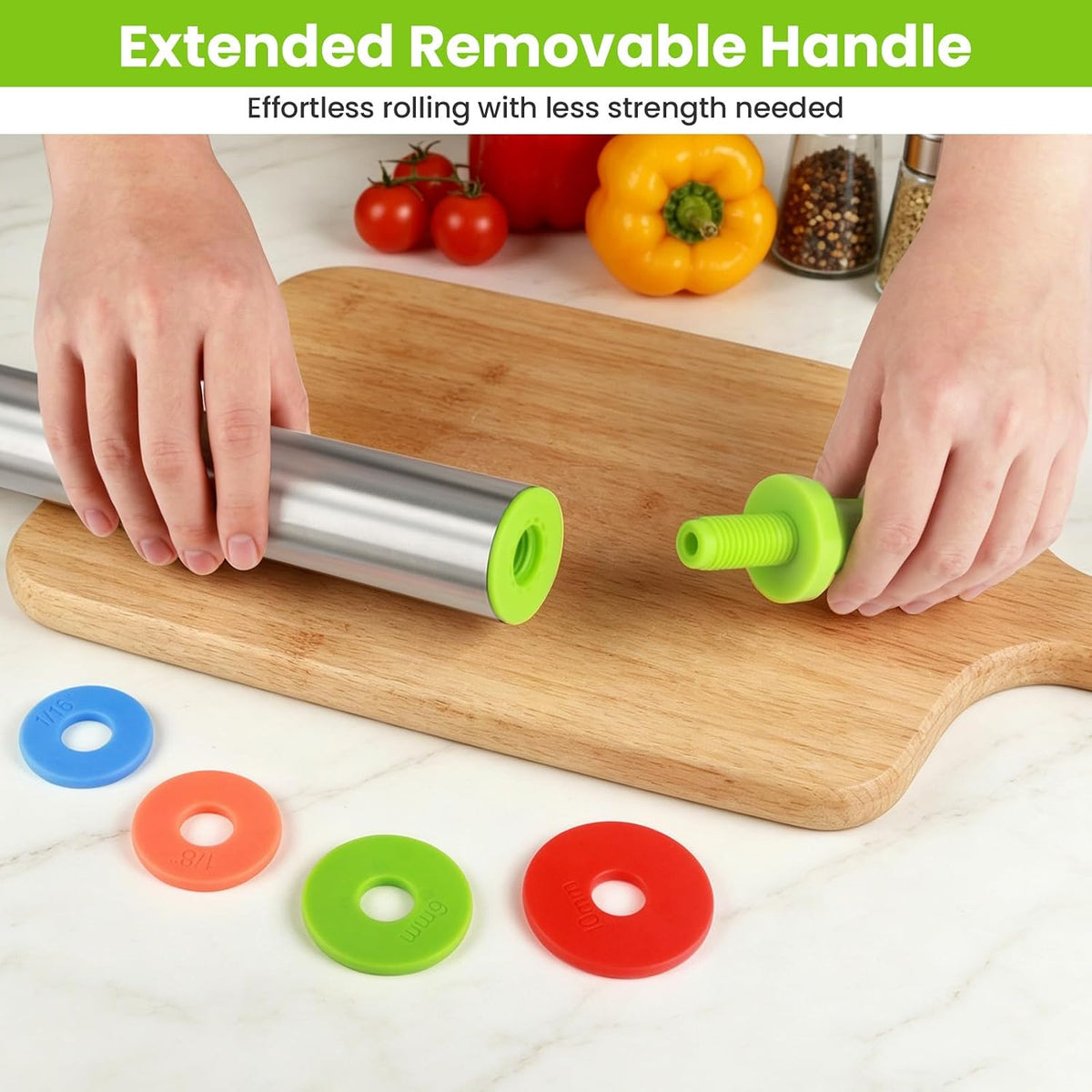 Stainless Steel Dough Roller Pins with Handle for Baking, Adjustable Rolling Pin with Thickness Rings for Cookie