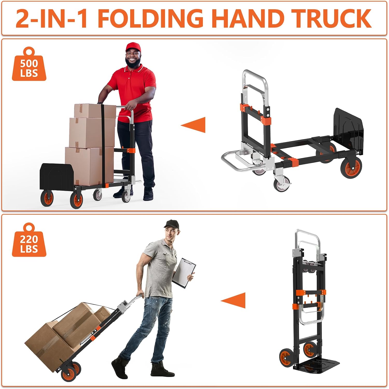 3-in-1 Folding Hand Truck, 500 lb Heavy Duty Steel Dolly | Convertible Hand Truck Dolly with Telescoping Handle