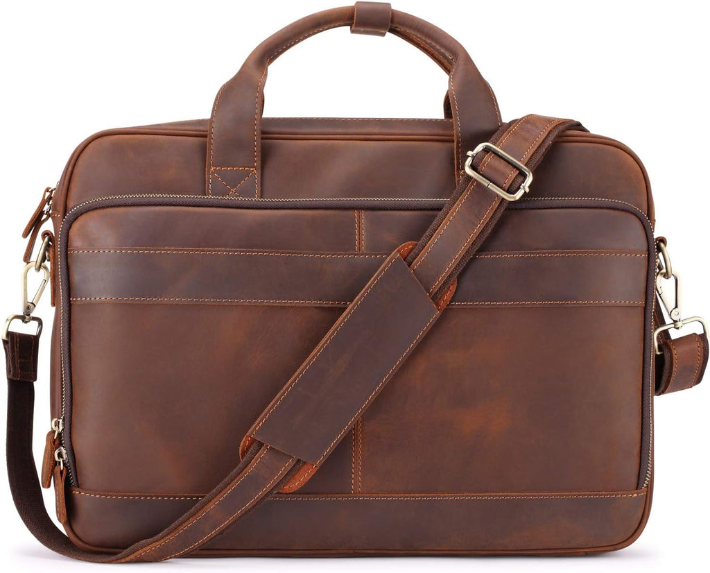 Full Grain Leather Briefcase for Men, Business Messenger Bag Laptop Bag Attache Case, Fits 15.6 Inch Laptop