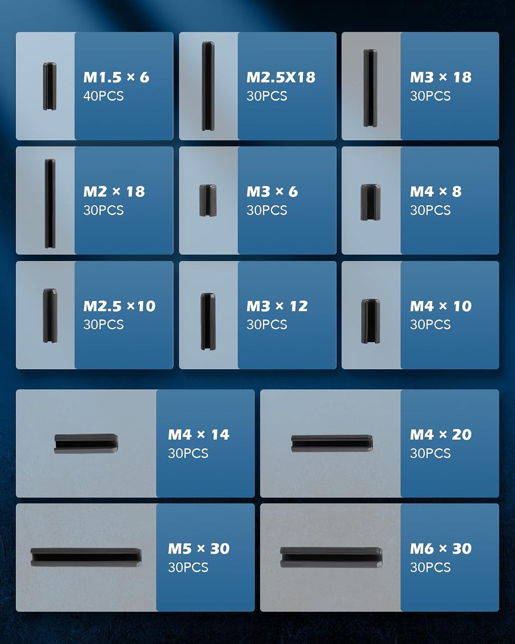 ZELCAN 400pc Roll Pin Set, M1.5 M2 M2.5 M3 M4 M5 M6 Slotted Metric Spring Pins in Various Lengths, Steel Split Expansion Pin Hardware Assortment Kit