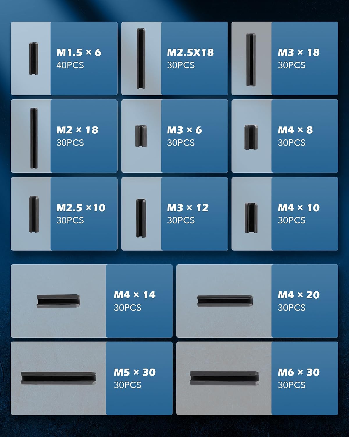 ZELCAN 400pc Roll Pin Set, M1.5 M2 M2.5 M3 M4 M5 M6 Slotted Metric Spring Pins in Various Lengths, Steel Split Expansion Pin Hardware Assortment Kit